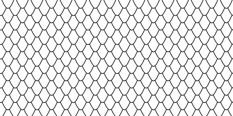 Seamless black and white overlapping fish scale pattern with clean line art inspired by dragon skin, reptile textures, and mermaid scales. © Mariana