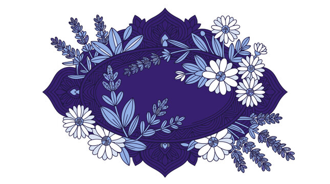Elegancka ozdobna ramka w kształcie elipsy ozdobiona ilustracjami lawendy i polnych kwiat&oacute;w w odcieniach granatu i bieli, idealna jako zaproszenie lub element graficzny.