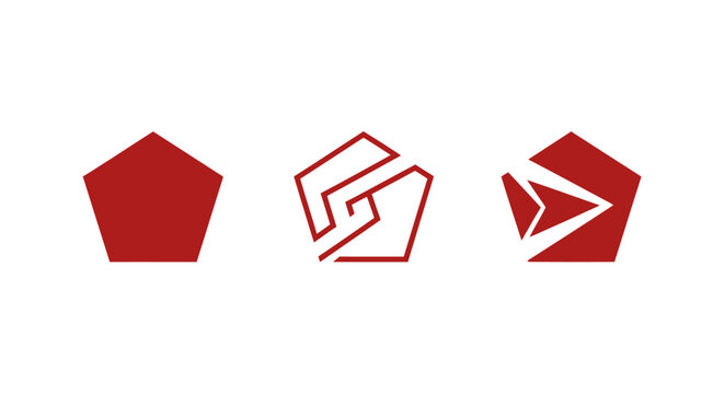 Three red geometric pentagon shapes design.