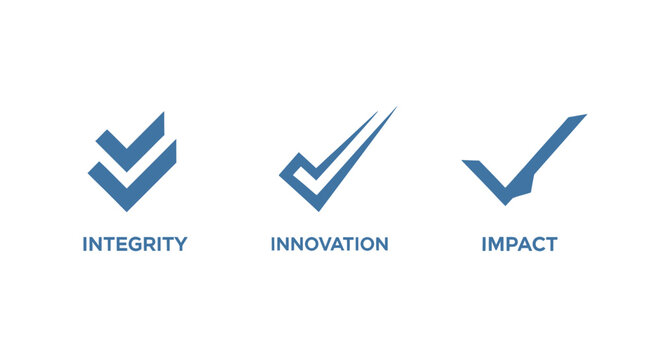 Three blue checkmark icons with integrity innovation impact labels.