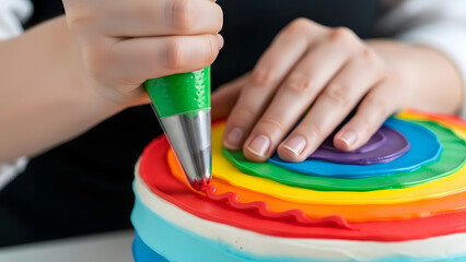 Fototapeta premium Baker decorating a colorful rainbow cake with piping bag, close-up on hands