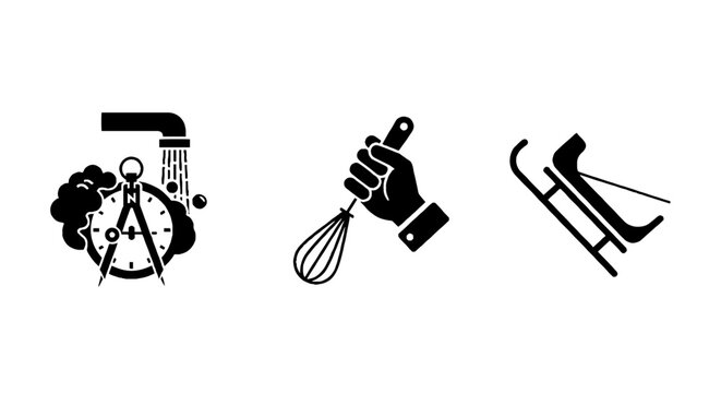 Black and white icons of cooking and skiing tools.