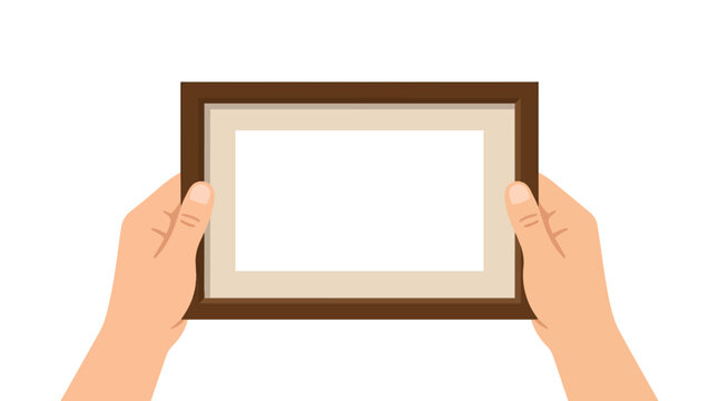 Blank wooden picture frame held by hands minimalist flat vector graphic for creative photography portfolio showcase