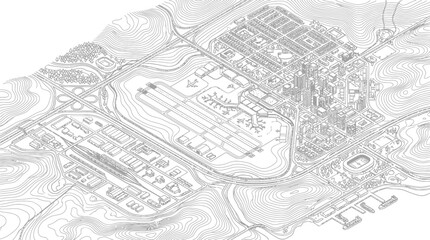 Obraz premium Isometric urban master plan showing airport and city infrastructure