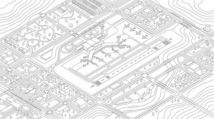 Fototapeta premium Isometric line art of a modern city landscape with central airport
