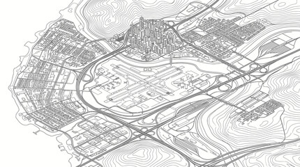 Obraz premium Architectural wireframe of a coastal city map with an airport