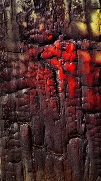 Glowing embers on charred wood.
Close-up burning black wood with bright orange red glowing cracks, time-lapse motion. Ideal for fire, dramatic and abstract backgrounds.  
