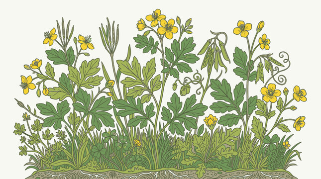 Ilustra&ccedil;&atilde;o bot&acirc;nica detalhada de flores amarelas de celid&ocirc;nia e folhagem verde exuberante em um estilo de desenho cl&aacute;ssico sobre um fundo branco limpo e isolado