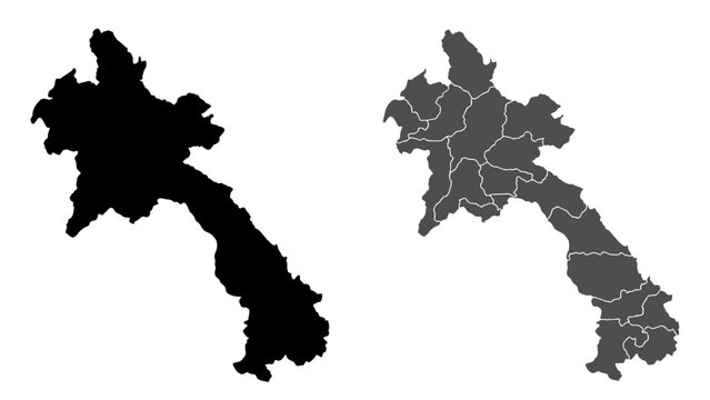 Outline Map of Laos: A clear, two-part depiction of Laos, first as a solid black silhouette and second as a gray map with internal provincial borders.