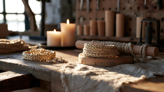 Viking knit wire jewelry coiled in progress on mandrel beside completed bracelet and earring pair, jeweler's bench in warm candlelit setting, aged wooden pegboard holding