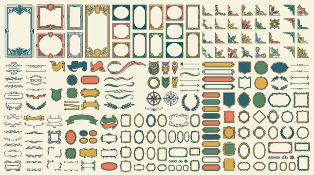 Zestaw ozdobnych ramek, narożnik&oacute;w i element&oacute;w dekoracyjnych w stylu vintage, zawierający r&oacute;żnorodne kształty geometryczne, bordiury oraz klasyczne ornamenty na jasnym tle.