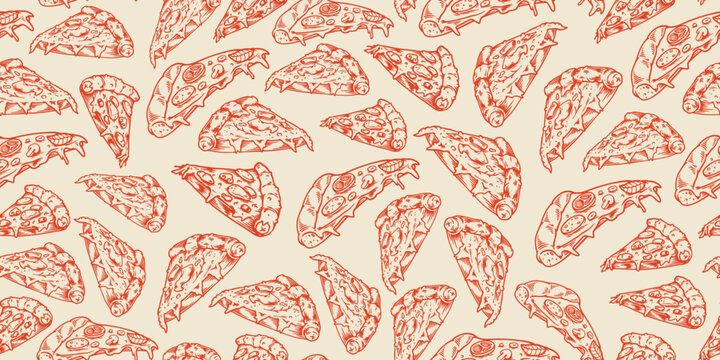 Pizza slice seamless pattern hand drawn. Vintage italian food menu