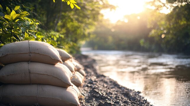 Burlap sacks near water and foliage