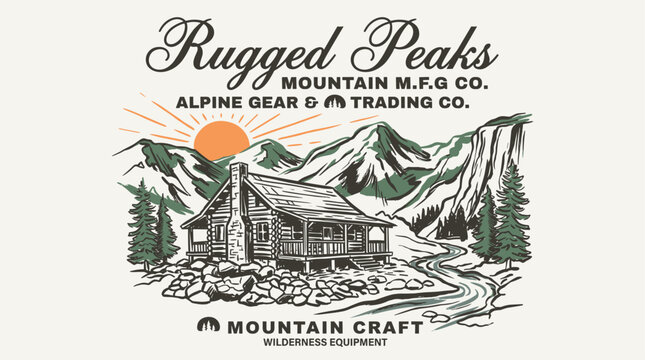 Rugged peaks mountain illustration. Alpine gear outdoor adventure. Vintage cabin t shirt design.