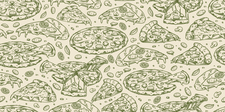 Seamless restaurant menu with italian pizza pattern illustration. Hand drawn vintage fast food vector for wrapping paper or packaging.