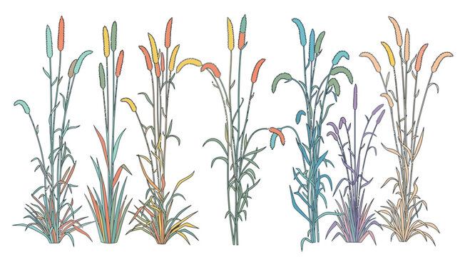 Zestaw kolorowych ilustracji przedstawiających stylizowane kępy traw i zb&oacute;ż na białym tle, idealne do projekt&oacute;w graficznych o tematyce przyrodniczej i botanicznej.