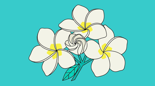 Ilustra&ccedil;&atilde;o vetorial plana de flores de plumeria brancas com centros amarelos e bot&otilde;es, dispostas artisticamente sobre um fundo azul-turquesa vibrante para design tropical.