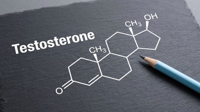 Chemical structure of testosterone hormone drawn with a blue pencil on a dark textured board