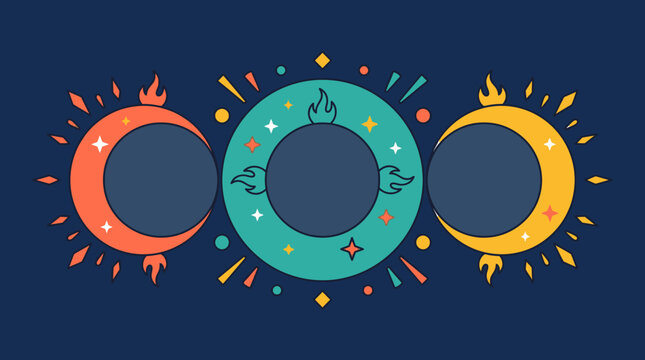 Ilustra&ccedil;&atilde;o vetorial de fases da lua m&iacute;sticas com elementos de fogo e estrelas brilhantes em um design plano e colorido sobre um fundo azul escuro para decora&ccedil;&atilde;o esot&eacute;rica