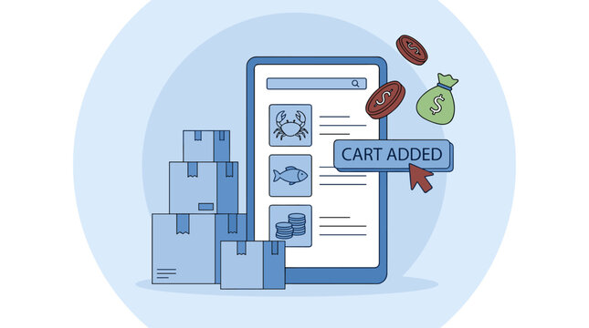 Seafood online shopping market. Mobile app delivery vector. Fresh fish store design.