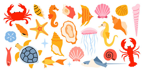 Ocean Animal Sticker Set in Flat Cartoon Style. Crab, lobster, seahorse, jellyfish, sea turtle, stingray, fish, seashells, oyster and starfish © Melofumi