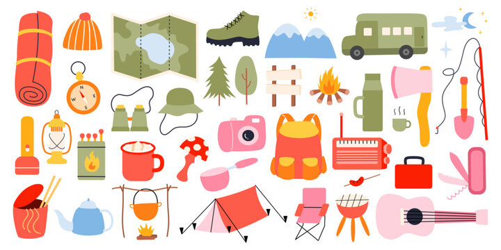 Camping Adventure Sticker Set in Flat Cartoon Style. Tent, backpack, campfire, camper van, hiking gear, map, lantern, cooking tools and outdoor essentials