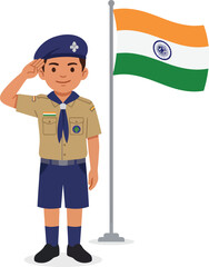 Young boy in scout uniform saluting next to the national flag of India, patriotic concept