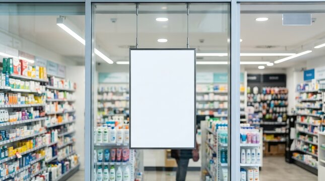 Empty white billboard hanging in the storefront window of a modern pharmacy with blurred shelves