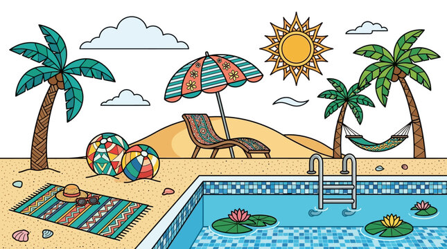 Ilustra&ccedil;&atilde;o vetorial colorida de uma cena de ver&atilde;o relaxante com piscina, palmeiras, espregui&ccedil;adeira, guarda-sol, bolas de praia e uma rede em uma praia ensolarada com c&eacute;u azul.