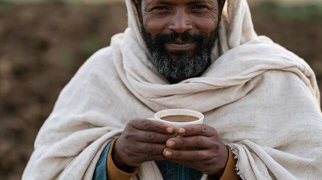 Ethiopian coffee farmer celebrating finishing a row of seedlings by drinking a small cup of fresh brew immediately on completion the instant reward embedded into the physical