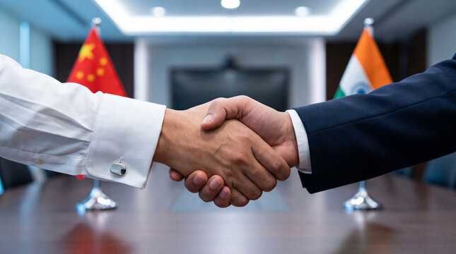 China India Relations, Bilateral Cooperation, Strategic Partnership, Generative AI diplomatic handshake representing international trade economic collaboration geopolitical dialogue business partnersh