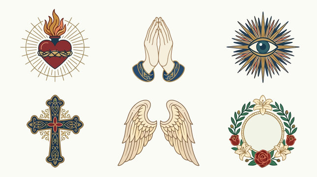 Conjunto de ilustra&ccedil;&otilde;es religiosas estilo tatuagem vintage com cora&ccedil;&atilde;o sagrado, m&atilde;os em ora&ccedil;&atilde;o, olho que tudo v&ecirc;, cruz ornamentada, asas de anjo e guirlanda floral decorativa
