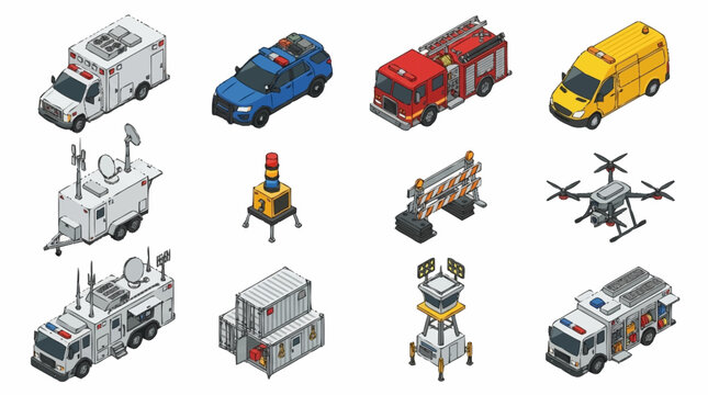 Collection of various emergency and utility vehicles in isometric style.