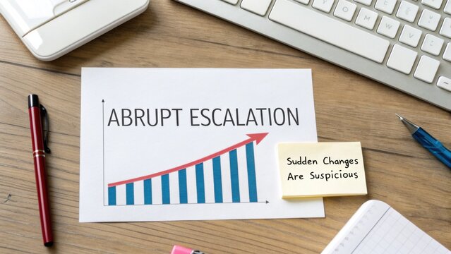 Graph Illustrating Abrupt Escalation Trend with Cautionary Note on Sudden Changes on a Wooden Desk with Stationery