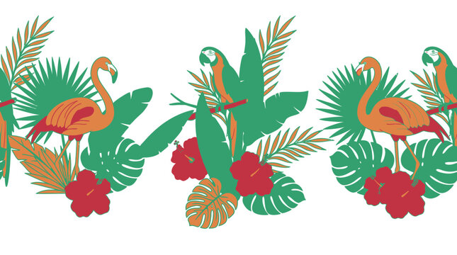 Padr&atilde;o sem emenda de tema tropical com flamingos cor-de-rosa, araras coloridas, flores de hibisco vermelho e folhas de palmeira exuberantes em um fundo branco limpo para design de ver&atilde;o.