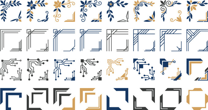 Decorative geometric corner and floral border vector icon set featuring tech circuits, art deco lines, and elegant ornaments for page decoration