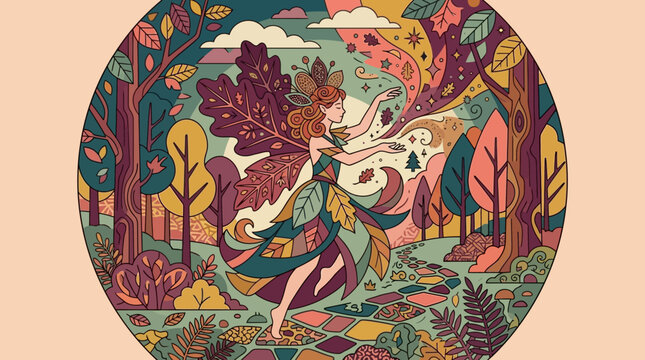 Ilustra&ccedil;&atilde;o art&iacute;stica de uma fada da floresta outonal dan&ccedil;ando em uma floresta encantada com folhas coloridas, elementos m&aacute;gicos e um estilo de design gr&aacute;fico circular detalhado.