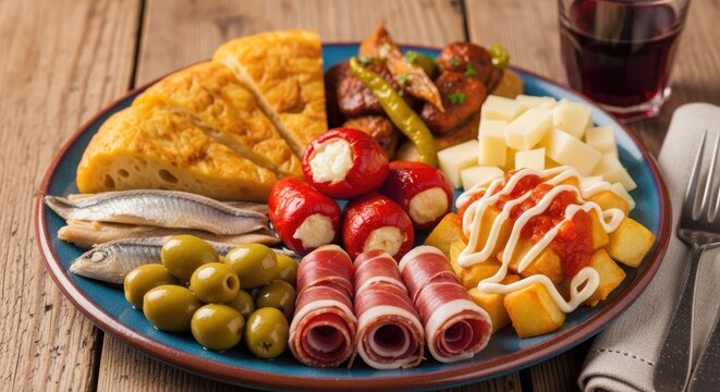 Traditional Spanish tapas platter with olives ham and cheese.