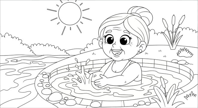 Happy child playing in a pond with nature around.