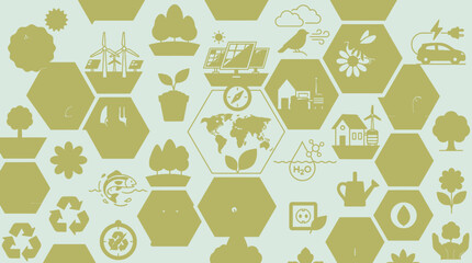 Wzór z ikonami ekologii i ochrony środowiska przedstawiający zrównoważony rozwój, energię odnawialną, recykling oraz naturę w formie geometrycznych sześciokątów na jasnym tle. © BagazLK