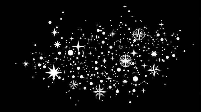Ilustra&ccedil;&atilde;o vetorial de um aglomerado de estrelas brilhantes e pontos de luz cintilantes isolados sobre um fundo preto profundo, ideal para designs m&aacute;gicos e celestiais.