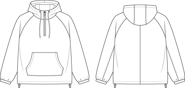Half zip hoodie windbreaker jacket technical flat sketch template with front and back view details.