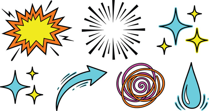Comic pop art vector element set featuring explosion speech bubble sunburst rays sparkling stars curved arrow spiral doodle and water droplet icons