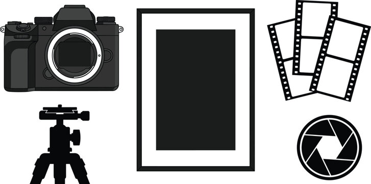 Photography equipment vector element set featuring a camera silhouette picture frame film strip mini tripod and shutter aperture icon on white background
