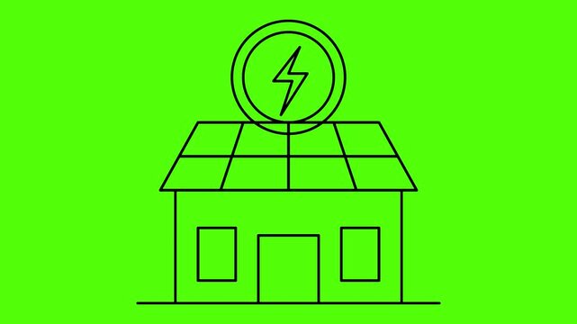 Solar Powered House Icon: A minimalist line drawing of a house with solar panels on the roof and a lightning bolt symbol indicating energy generation, set against a vibrant green background.