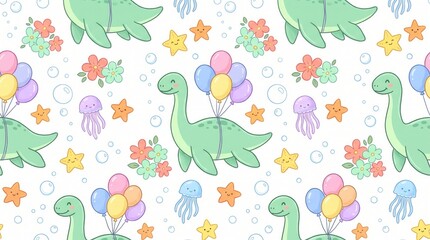 Naklejka premium Adorable green dinosaurs float with balloons, surrounded by pastel flowers, starfish, and bubbles