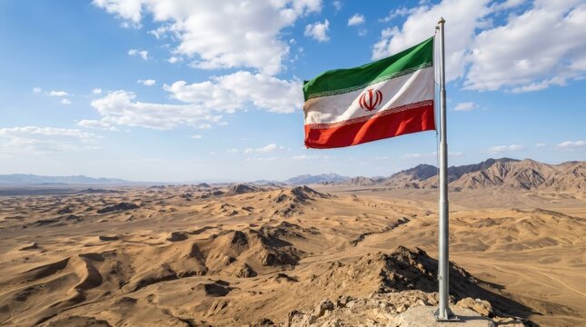 Iranian flag waving proudly on a flagpole in a vast desert landscape under a clear blue sky