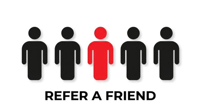 Five stick figure icons with one red person highlighting the concept of refer a friend program