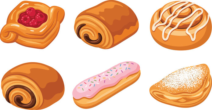 Sweet bakery pastry vector icon set featuring delicious danish pastries chocolate croissants cinnamon rolls and frosted eclair illustrations for menu design.