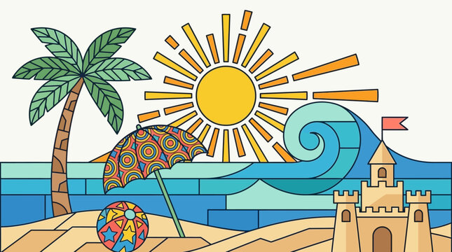 Ilustra&ccedil;&atilde;o vetorial colorida de uma cena de praia de ver&atilde;o com sol radiante, palmeira, castelo de areia, guarda-sol, bola de praia e ondas do mar em estilo art&iacute;stico de vitral.
